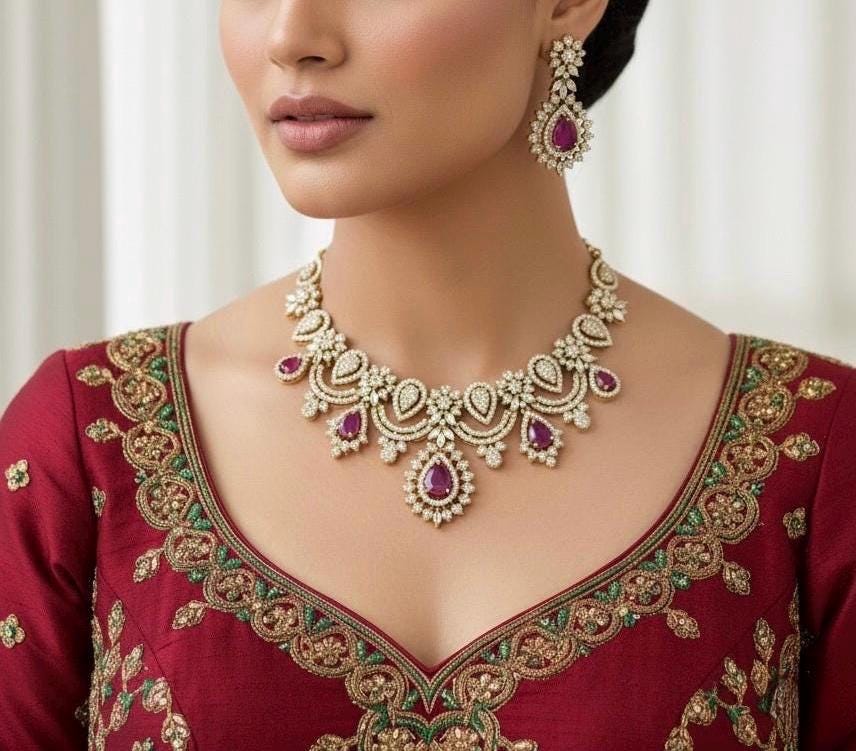 SHABANA Ruby cz zircon sleek necklace set in  muted golden polish, Indian pakistani bridal  jewelry in Ruby pink colour