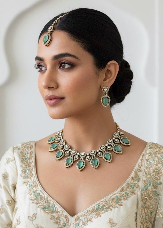 TANYA mint  cz kundan and zircon necklace set in victorian and golden polish, Indian bridal victorian style mint green colour  jewelry