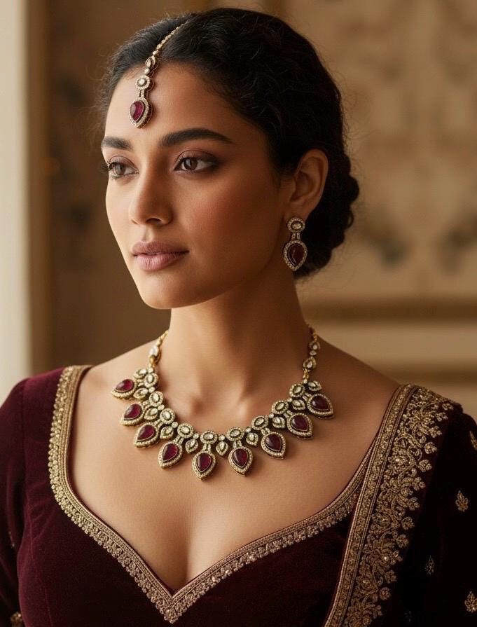 TANYA reddish pink cz kundan and zircon necklace set in victorian and golden polish, Indian bridal victorian style jewelry