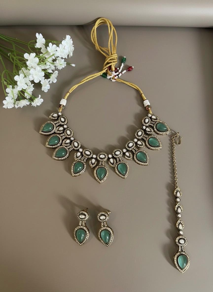 TANYA mint  cz kundan and zircon necklace set in victorian and golden polish, Indian bridal victorian style mint green colour  jewelry