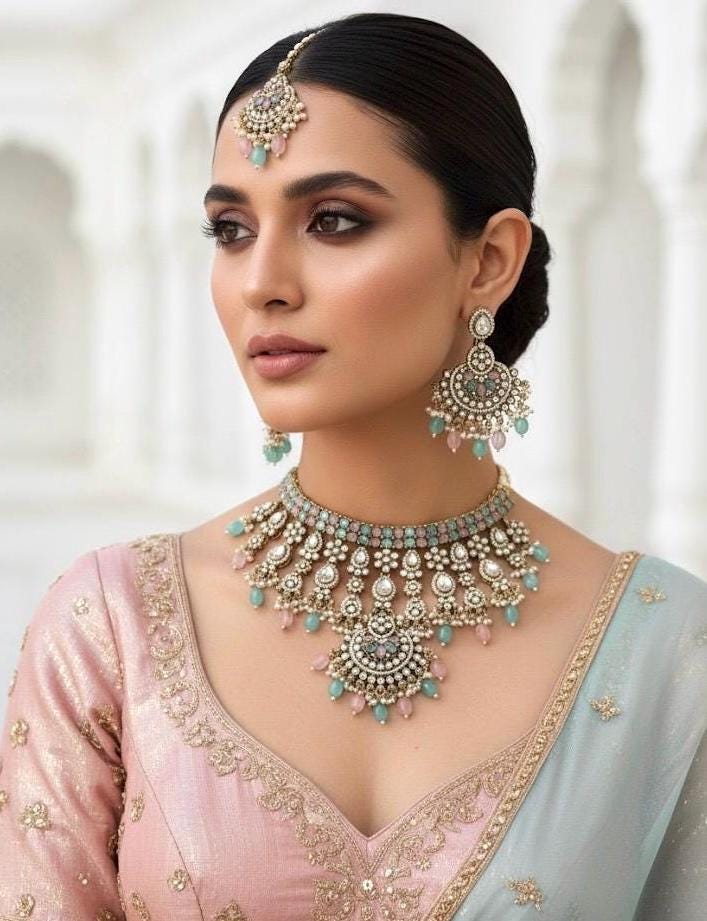 TABBASUM Mint pink Bridal Kundan and cz zircon Choker necklace earrings and maangtika,Indian Pakistani wedding jewelery in Victorian style