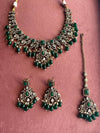 MAHIRA dark green cz kundan and zircon necklace set in victorian and golden polish, Indian bridal victorian style green jewelry