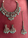MAHIRA mint cz kundan and zircon necklace set in victorian and golden polish, Indian bridal victorian style mint green jewelry
