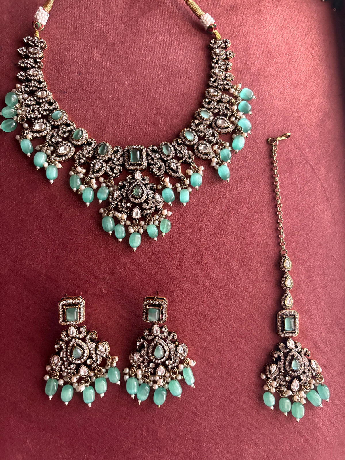 MAHIRA mint cz kundan and zircon necklace set in victorian and golden polish, Indian bridal victorian style mint green jewelry