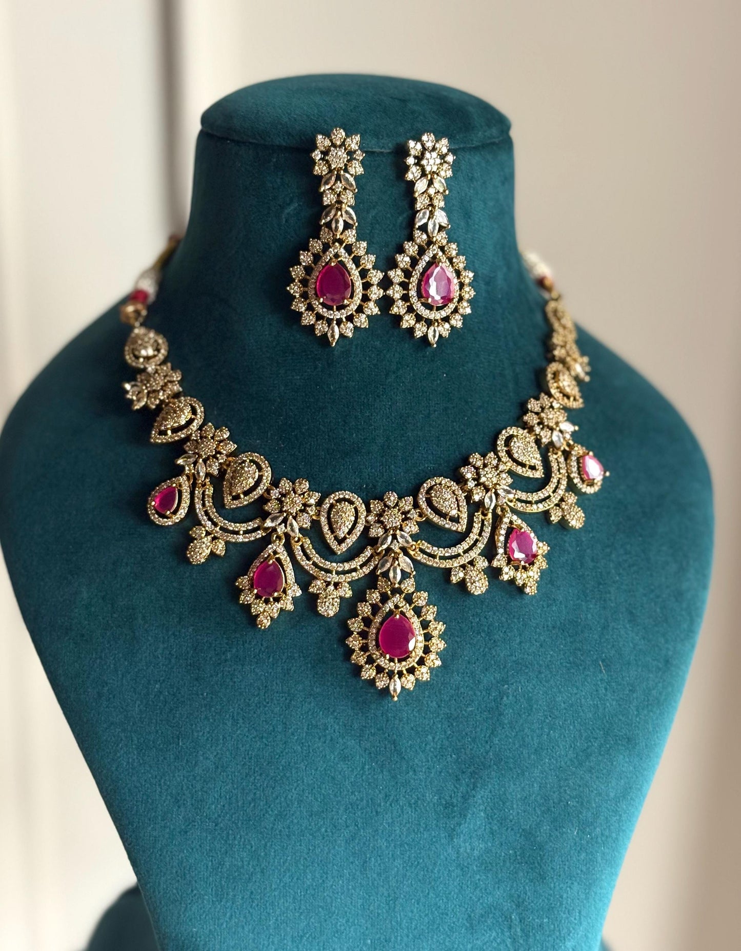 SHABANA Ruby cz zircon sleek necklace set in  muted golden polish, Indian pakistani bridal  jewelry in Ruby pink colour