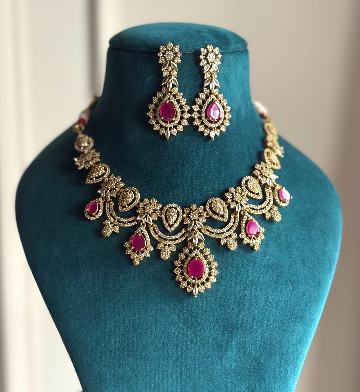 SHABANA Ruby cz zircon sleek necklace set in  muted golden polish, Indian pakistani bridal  jewelry in Ruby pink colour