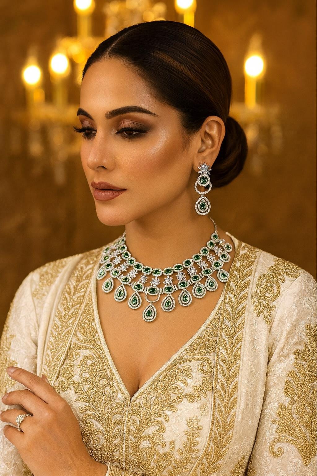 ABHA Emerald green American Diamond necklace Choker set Indian bridal wedding jewelry,maangtika,Pakistani zircon jewellery,green colour set