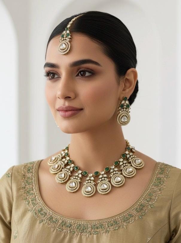 SABIA Green kundan choker necklace earrings and maangtika,indian wedding jewelry pakistani nikaah jewelry, green colour bridal jewelry