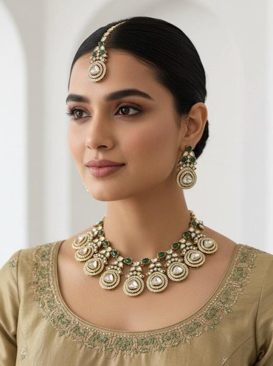 SABIA Green kundan choker necklace earrings and maangtika,indian wedding jewelry pakistani nikaah jewelry, green colour bridal jewelry
