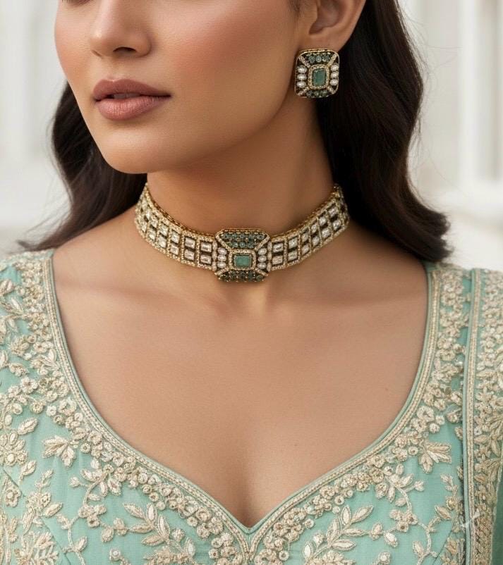 REMI mint cz kundan and zircon choker necklace set in victorian polish, Indian bridal victorian style mint green colour sleek jewelry