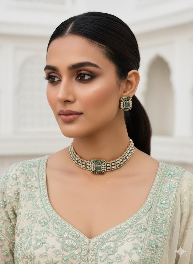 REMI mint cz kundan and zircon choker necklace set in victorian polish, Indian bridal victorian style mint green colour sleek jewelry