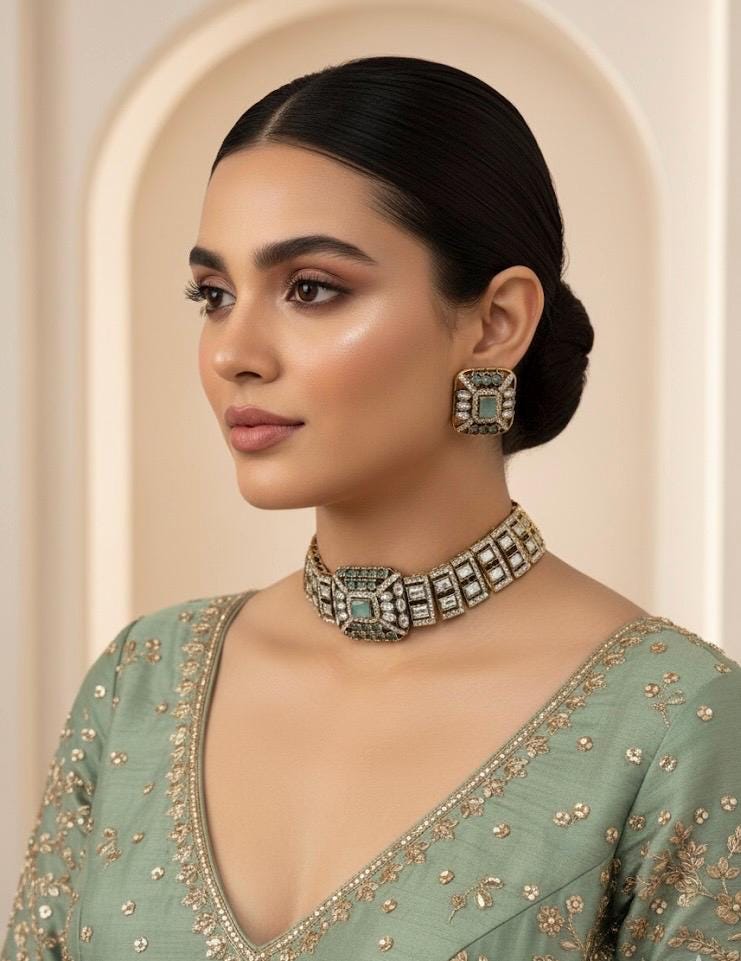 REMI mint cz kundan and zircon choker necklace set in victorian polish, Indian bridal victorian style mint green colour sleek jewelry