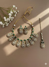 SABIA Green kundan choker necklace earrings and maangtika,indian wedding jewelry pakistani nikaah jewelry, green colour bridal jewelry