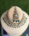 MASHA Green kundan choker necklace earrings and maangtika,indian wedding jewelry pakistani nikaah jewelry, green colour bridal jewelry