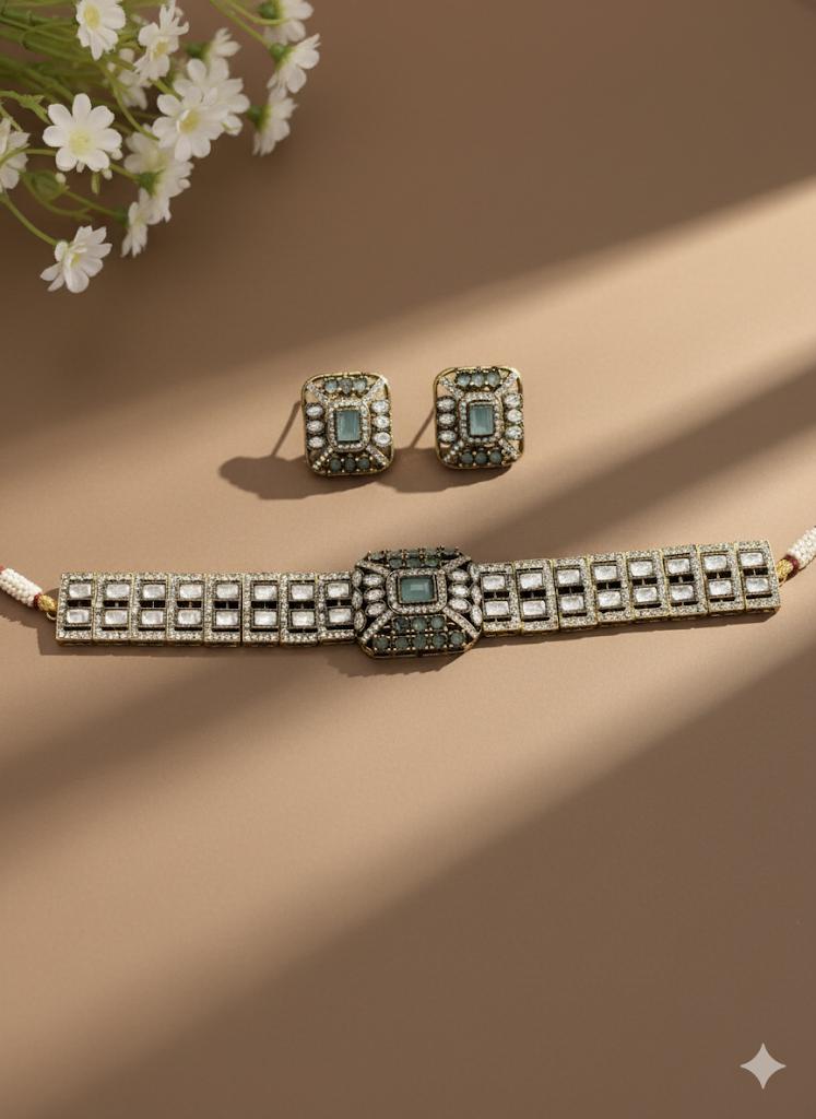 REMI mint cz kundan and zircon choker necklace set in victorian polish, Indian bridal victorian style mint green colour sleek jewelry