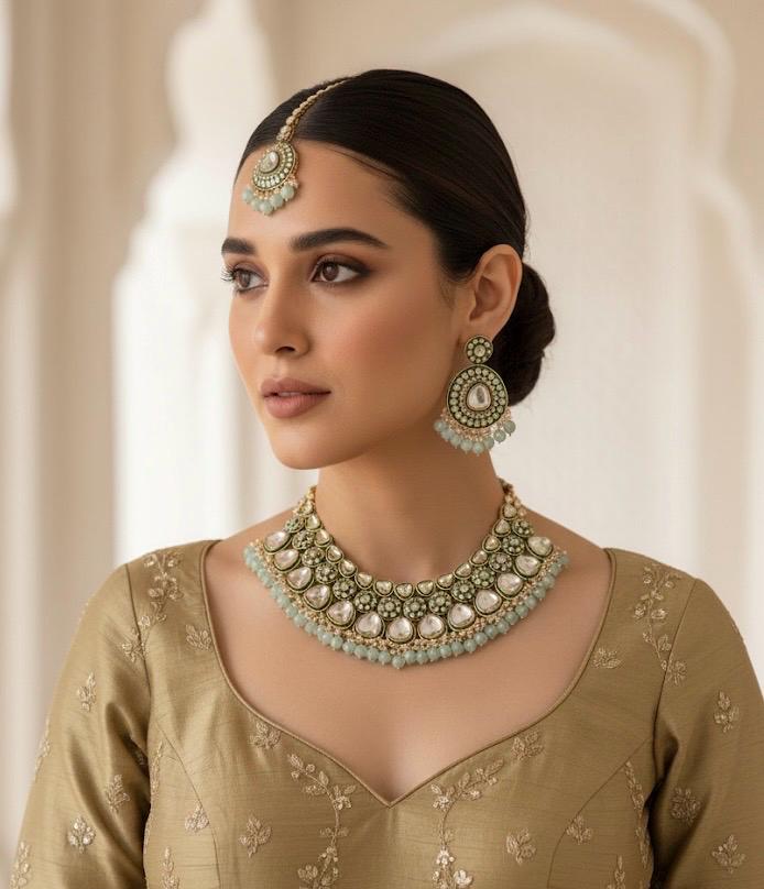 DILNAZ mint blue Kundan necklace set , wedding bridal jewelry, Indian pakistani jewelry, punjabi indian set maangtika