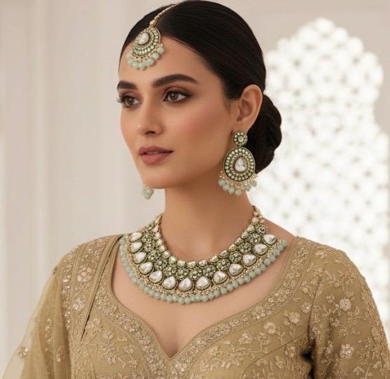 DILNAZ mint blue Kundan necklace set , wedding bridal jewelry, Indian pakistani jewelry, punjabi indian set maangtika