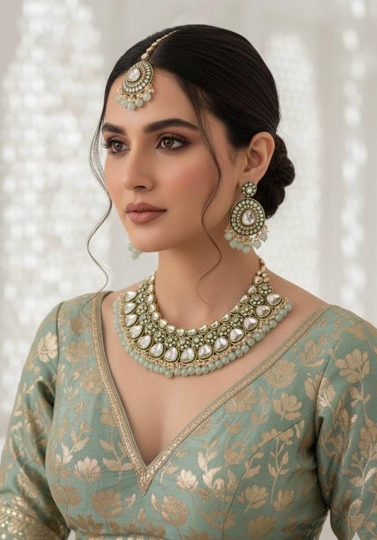 DILNAZ mint blue Kundan necklace set , wedding bridal jewelry, Indian pakistani jewelry, punjabi indian set maangtika