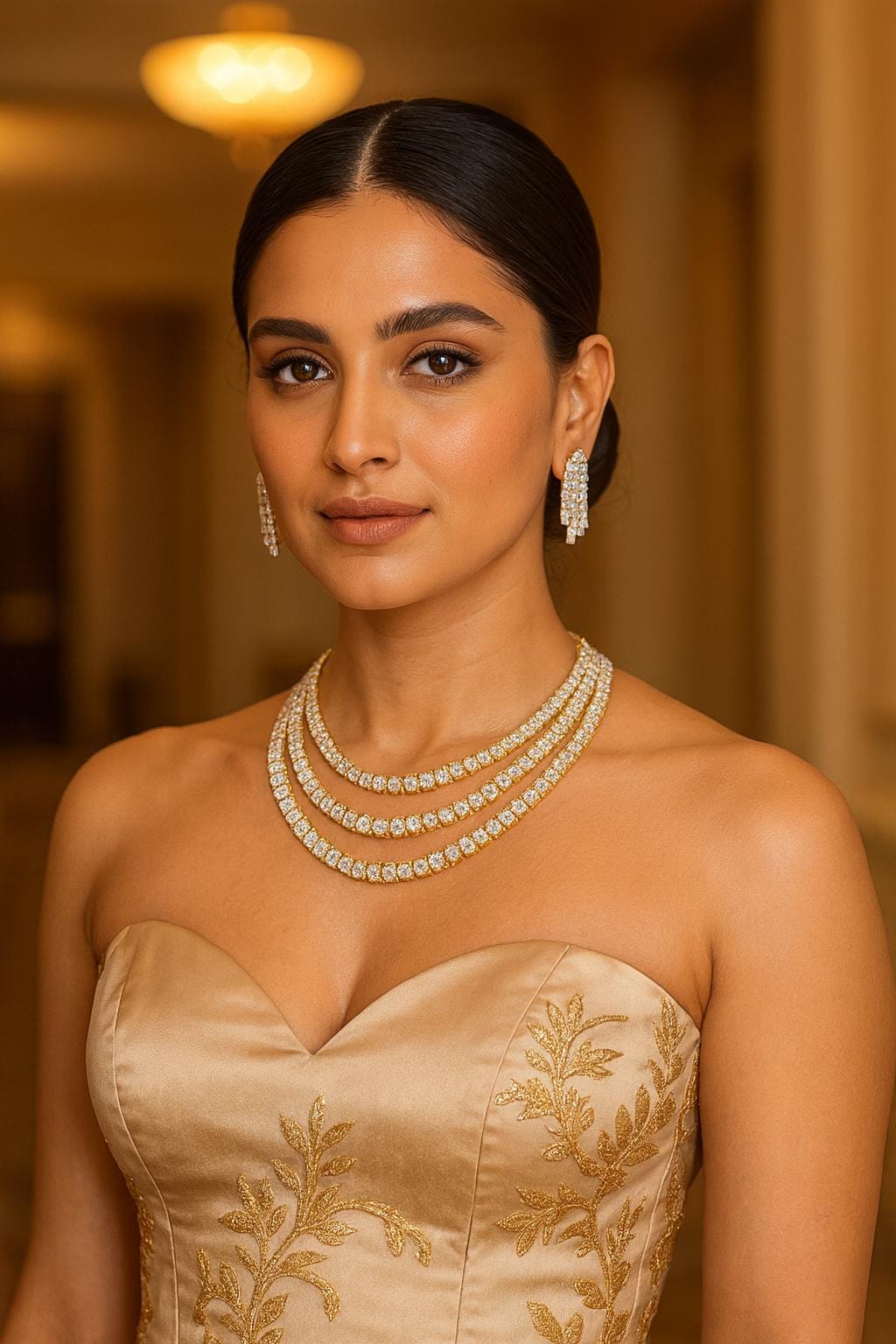 KEIRA two tone clear stones three layer American Diamond High Quality necklace set, golden tone bridal jewelry, two tone colourless jewelry