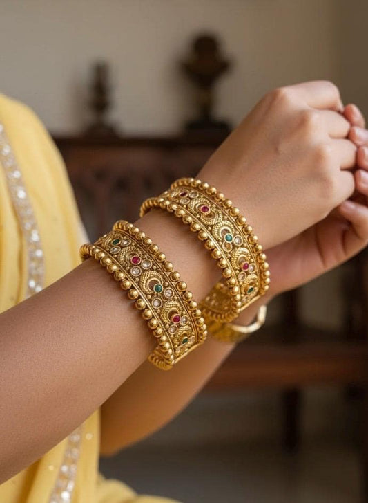 PARINITA Pink green stones Rajwada bangles, gold tone openable bangles,Indian jewellery ethnic kadas,traditional, bracelets,temple jewellery