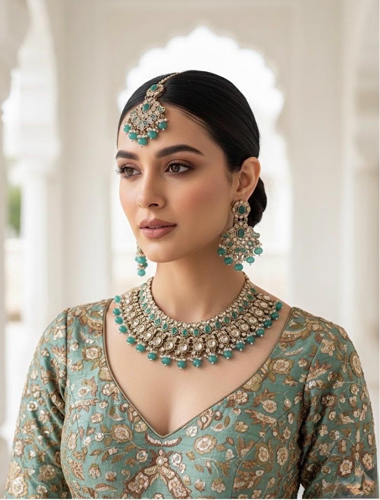 NOORA Firozi premium quality reverse AD necklace set jewelry, turquoise pakistani nikaah jewellery bollywood,punjabi earrings maangtika,brid