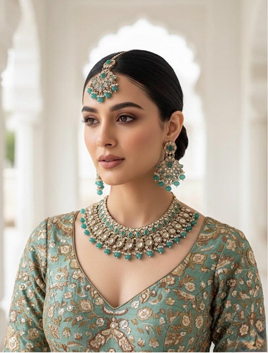 NOORA Firozi premium quality reverse AD necklace set jewelry, turquoise pakistani nikaah jewellery bollywood,punjabi earrings maangtika,brid