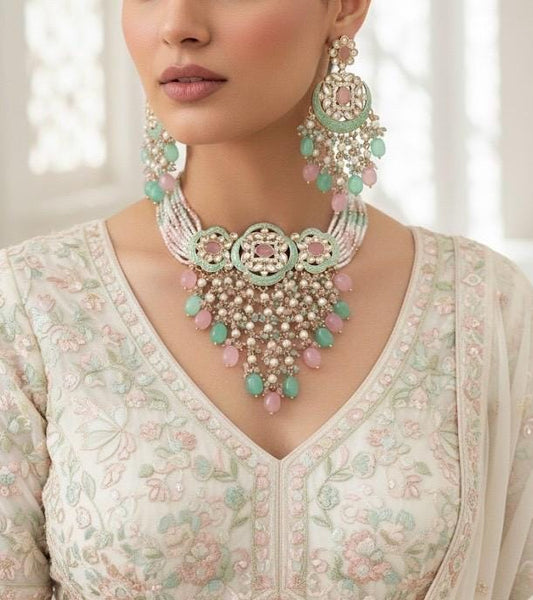 MAIRA Mint pink Kundan Choker,Polki Choker, Punjabi Jewelry, Indian Necklace Set, cz zircon Jewelry, Indian Jewelry,Pakistani Jewelry