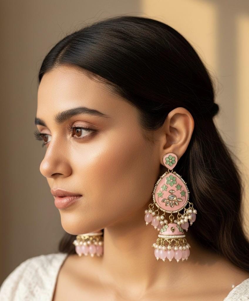 VARSHA pink colour earrings/ pink meenakari enamel earrings/Bollywood earrings/Pakistani Wedding / hand painted Indian bridal jewelry/
