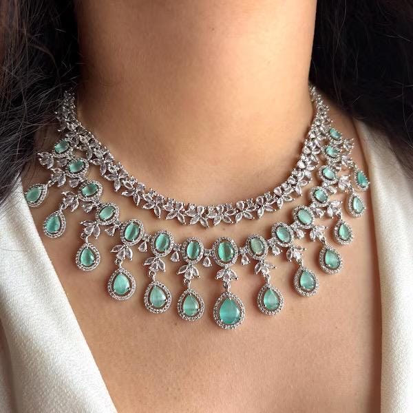 OVIYA Mint Green cz necklace and earrings, Statement American Diamond jewelry, Indian Jewelry Pakistani Wedding jewellery silver Zircon