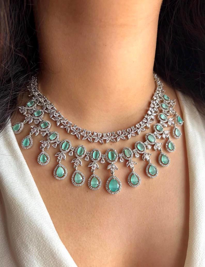 OVIYA Mint Green cz necklace and earrings, Statement American Diamond jewelry, Indian Jewelry Pakistani Wedding jewellery silver Zircon
