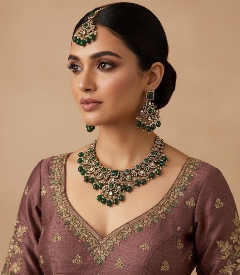 MAHIRA dark green cz kundan and zircon necklace set in victorian and golden polish, Indian bridal victorian style green jewelry