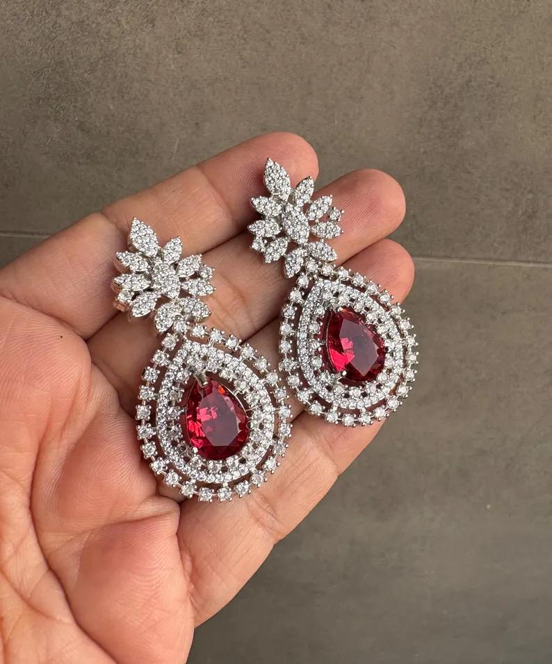 AYRA Ruby red cz necklace and earrings, Statement American Diamond jewelry, Indian Jewelry Pakistani Wedding jewellery  Zircon