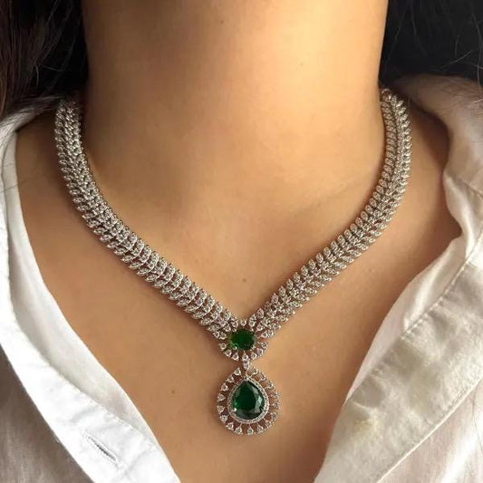 ZIYA green colour necklace earrings in American Diamond Classy high quality cz zircon jewelry,prom,gala dinner green stone jewellery set
