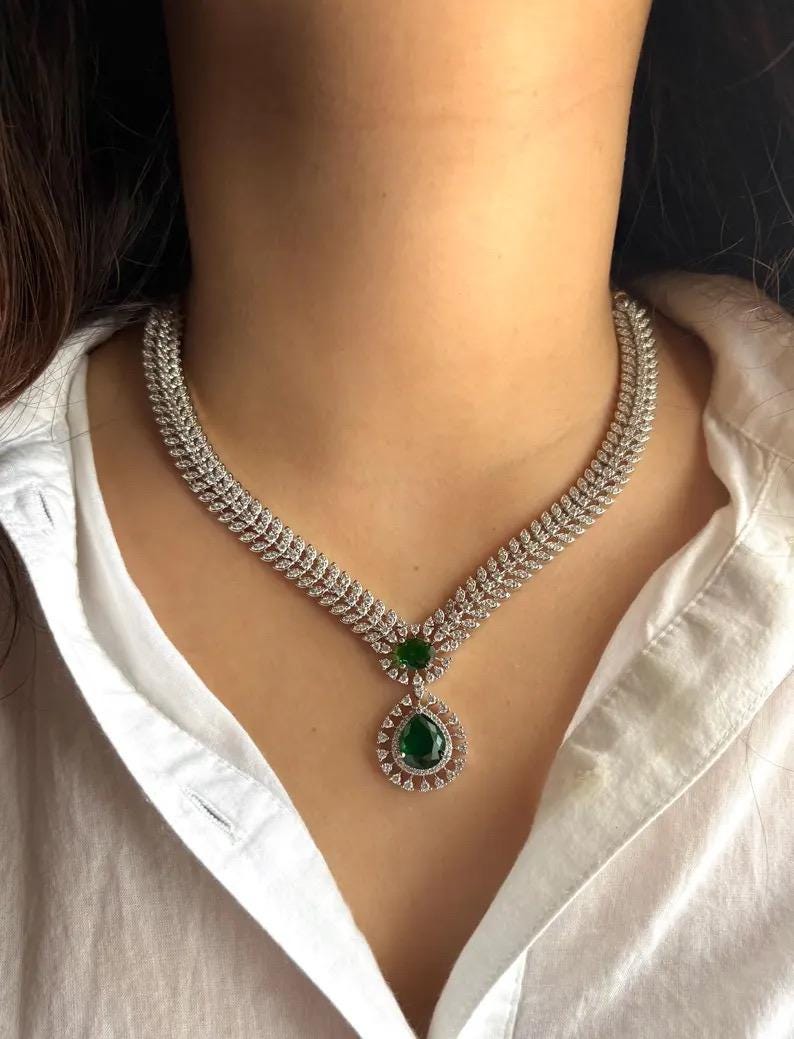 ZIYA green colour necklace earrings in American Diamond Classy high quality cz zircon jewelry,prom,gala dinner green stone jewellery set