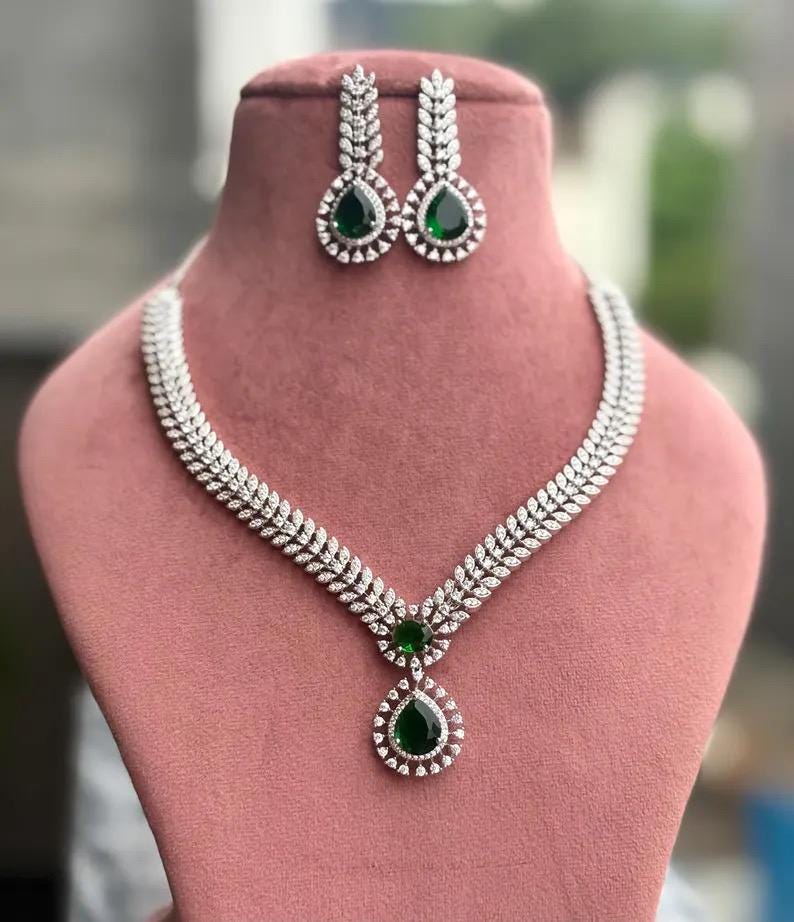 ZIYA green colour necklace earrings in American Diamond Classy high quality cz zircon jewelry,prom,gala dinner green stone jewellery set