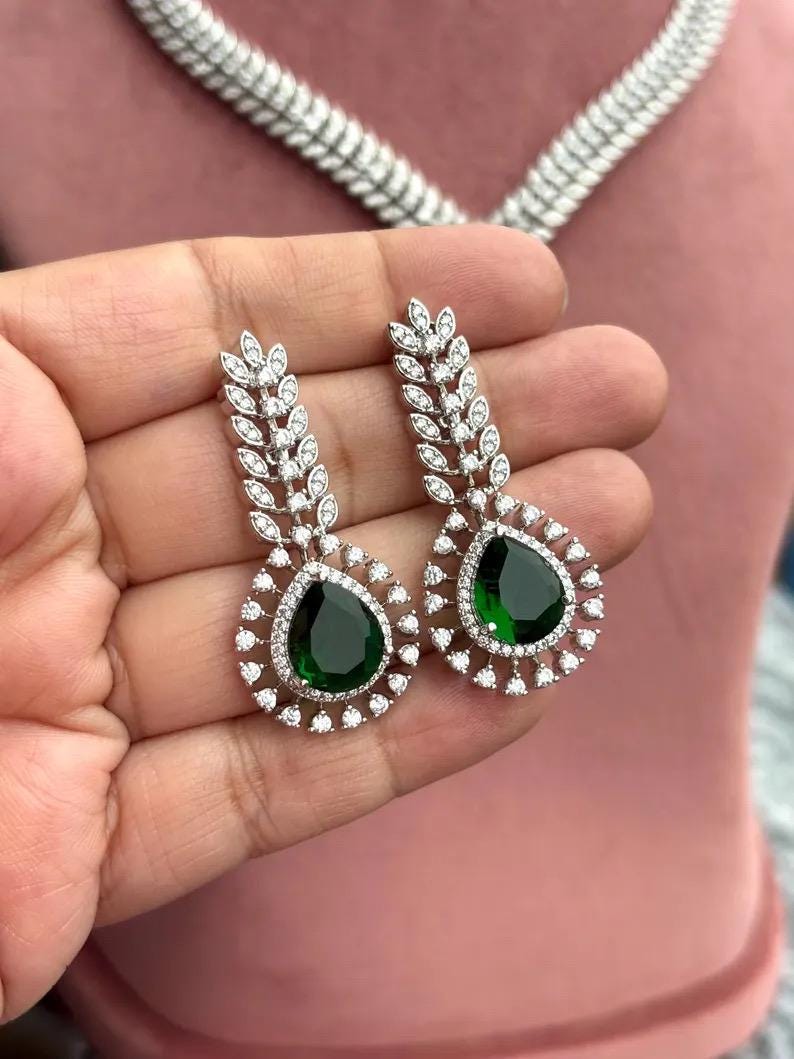 ZIYA green colour necklace earrings in American Diamond Classy high quality cz zircon jewelry,prom,gala dinner green stone jewellery set