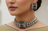 REMI green cz kundan and zircon choker necklace set in victorian polish, Indian bridal victorian style green colour sleek  jewelry
