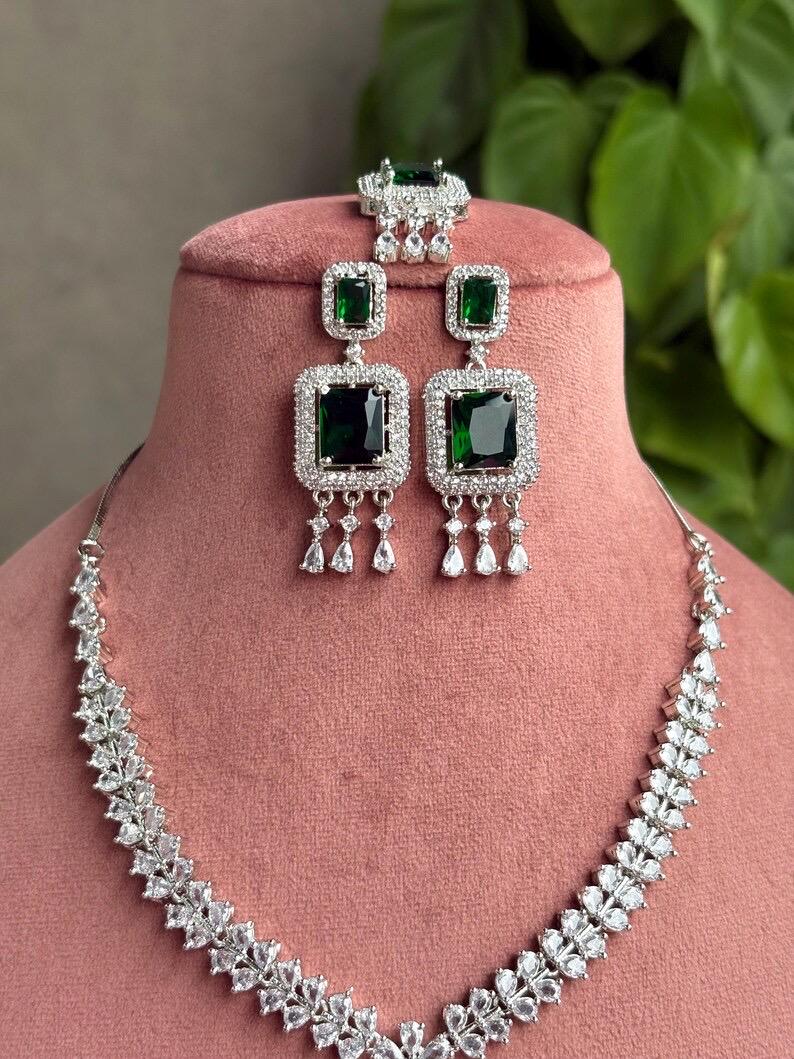 MYRAH Emerald green necklace earrings in American Diamond Classy high quality cz zircon jewelry,prom,gala dinner, maangtika included