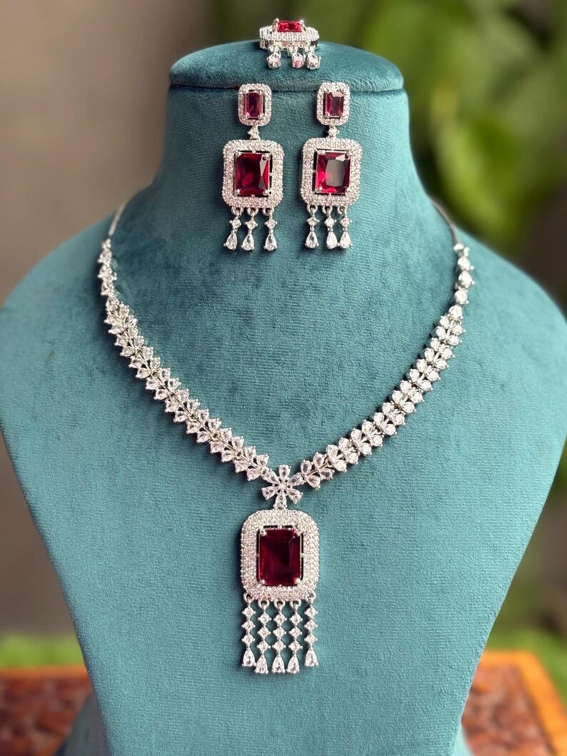MYRAH Ruby red necklace earrings in American Diamond Classy high quality cz zircon jewelry,prom,gala dinner, maangtika included