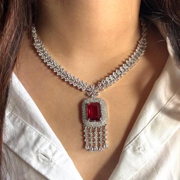 MYRAH Ruby red necklace earrings in American Diamond Classy high quality cz zircon jewelry,prom,gala dinner, maangtika included