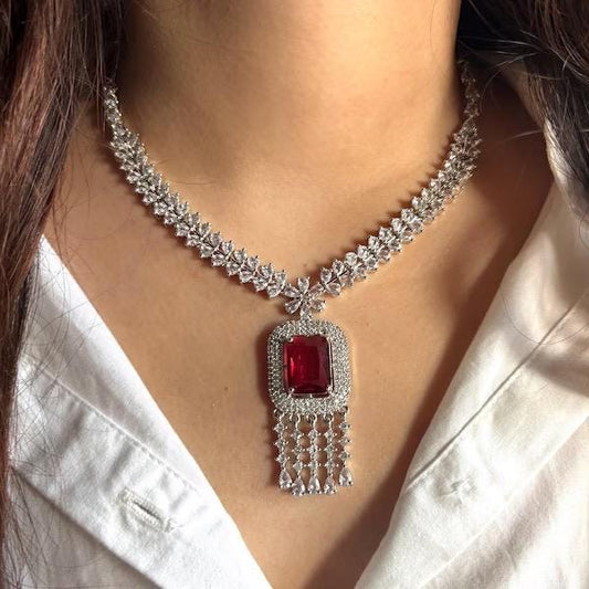 MYRAH Ruby red necklace earrings in American Diamond Classy high quality cz zircon jewelry,prom,gala dinner, maangtika included