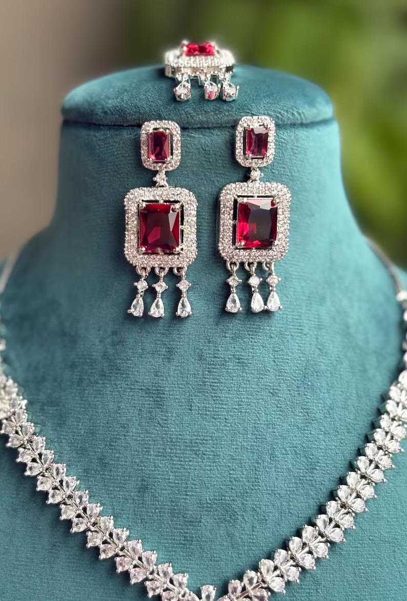 MYRAH Ruby red necklace earrings in American Diamond Classy high quality cz zircon jewelry,prom,gala dinner, maangtika included