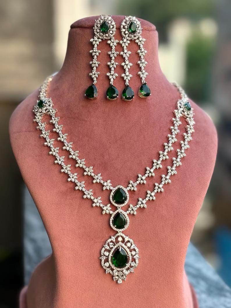 AAKRITI Emerald green necklace earrings in American Diamond Classy high quality cz zircon jewelry,prom,gala dinner green colour jewelery set