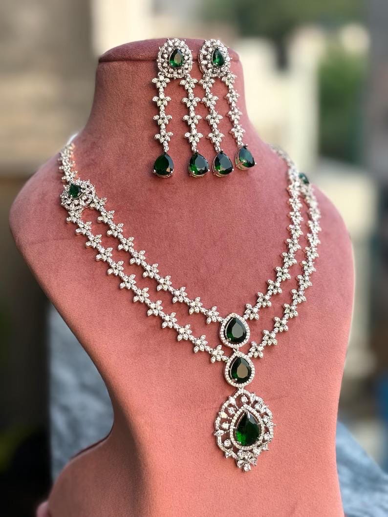 AAKRITI Emerald green necklace earrings in American Diamond Classy high quality cz zircon jewelry,prom,gala dinner green colour jewelery set