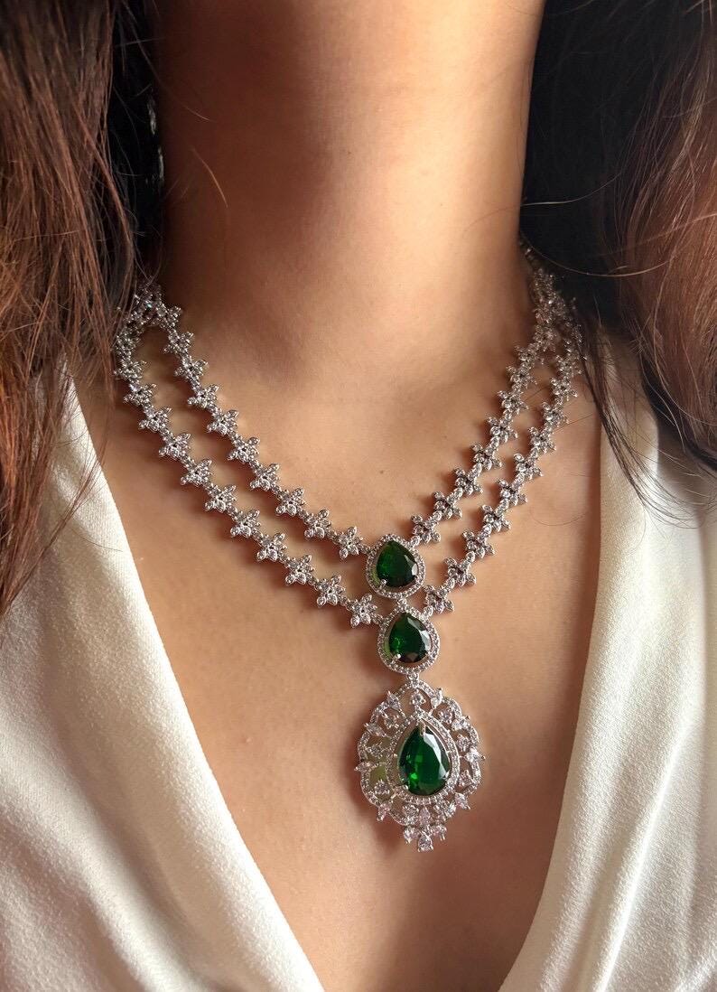 AAKRITI Emerald green necklace earrings in American Diamond Classy high quality cz zircon jewelry,prom,gala dinner green colour jewelery set