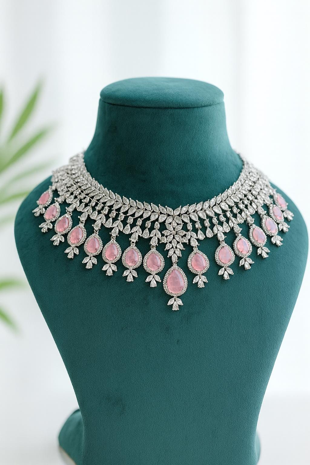 GINA Light Pink American Diamond  necklace set Indian bridal wedding jewelry,, prom jewellery,zircon cz pakistani,costume jewelery