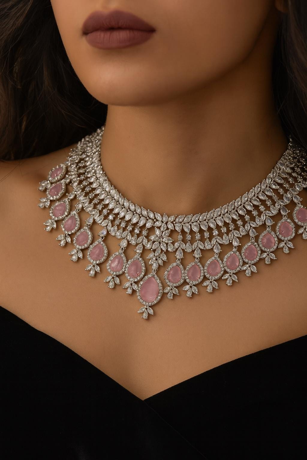 GINA Light Pink American Diamond  necklace set Indian bridal wedding jewelry,, prom jewellery,zircon cz pakistani,costume jewelery