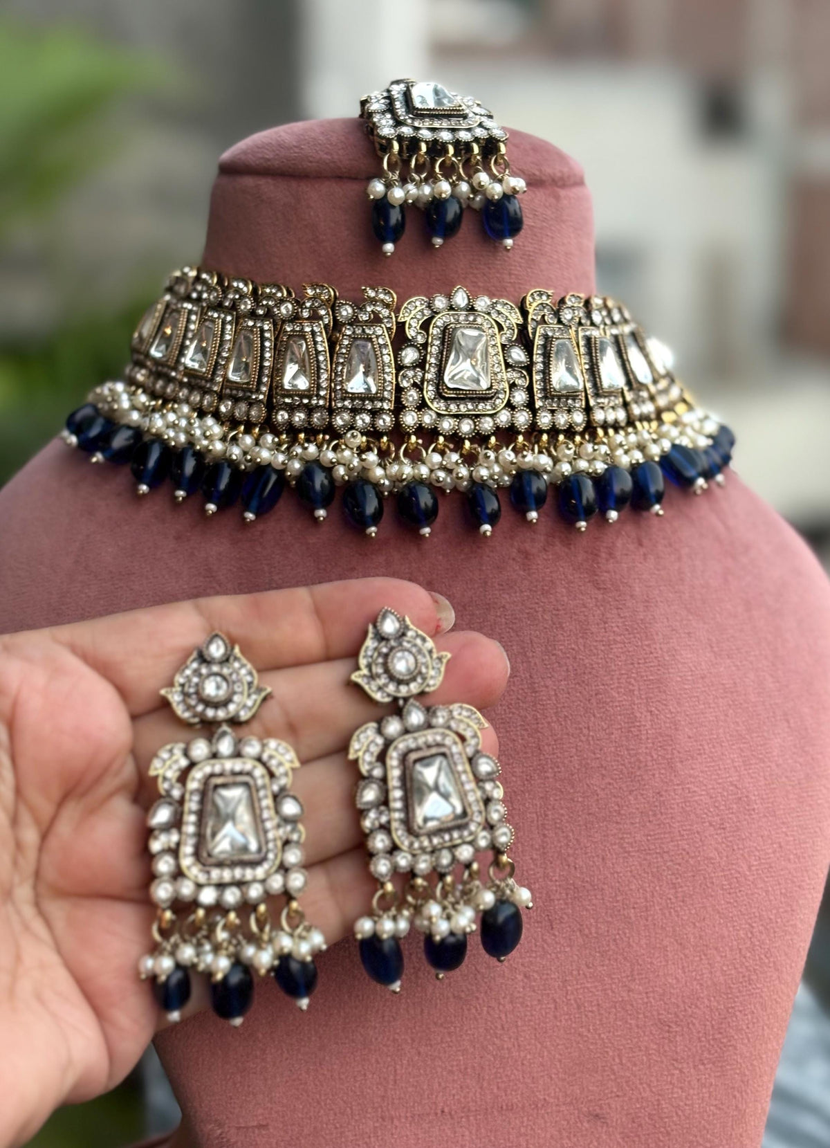 MASHA dark blue kundan choker necklace earrings and maangtika,indian wedding jewelry pakistani nikaah jewelry,blue colour bridal jewelry