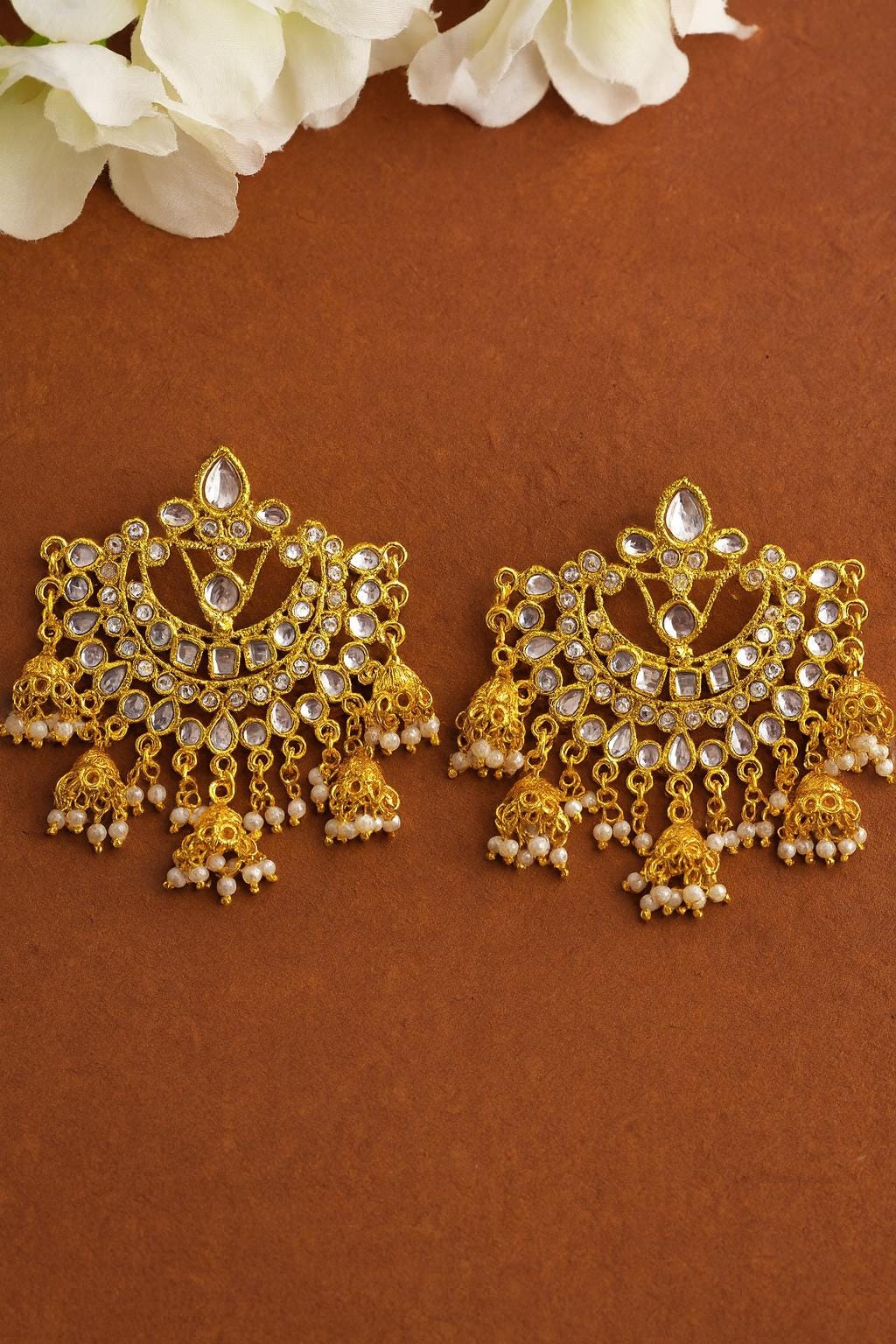 SAFIYA Kundan chandbali in pearls and and gold, Indian bridal wedding jewelry ,Pakistani chandbali earrings in gold finish