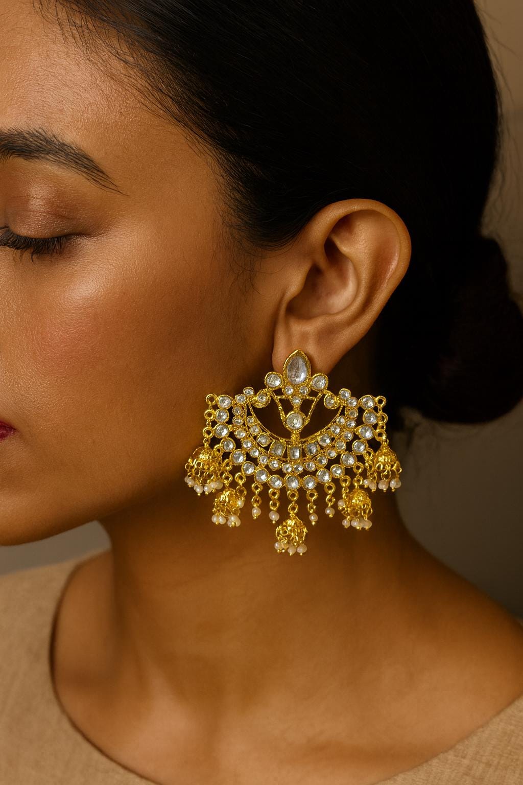 SAFIYA Kundan chandbali in pearls and and gold, Indian bridal wedding jewelry ,Pakistani chandbali earrings in gold finish